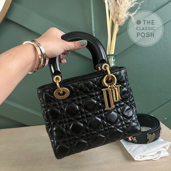 Lady Dior Cannage Small Crinkled Calfskin Black Gold Shoulder Crossbody Bag - Picture 15 of 15